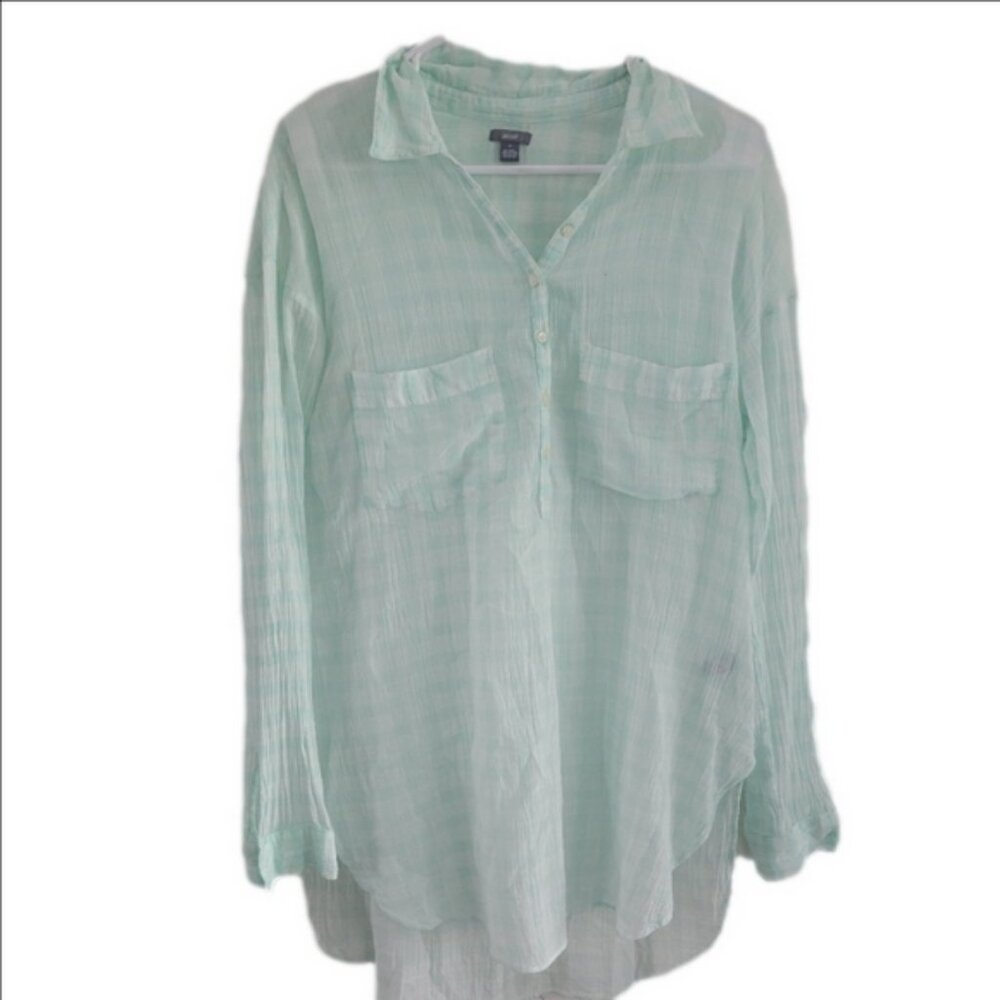 Aerie Mint Blue and White Plaid Button Up Top
